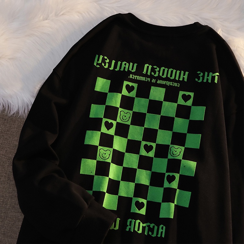 Áo sweatshirt cổ tròn dáng rộng họa tiết caro thời trang mùa thu dành cho cặp đôi