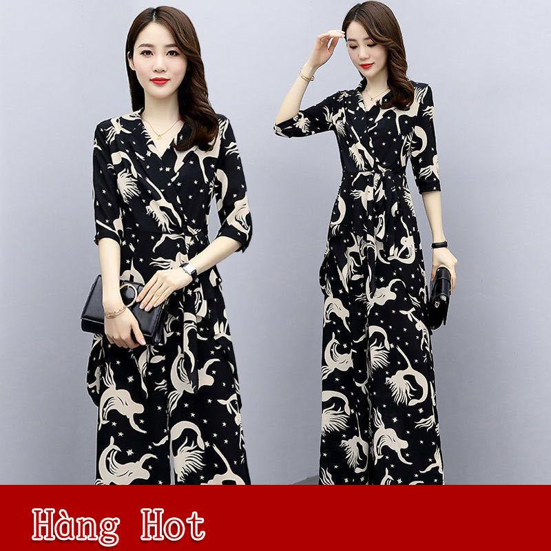 Set Đồ 2 Món Áo Sơ Mi Chiffon Tay Lửng Cổ Vest + Quần Dài Lưng Thun Mềm Mại Thoải Mái In Họa Tiết Th