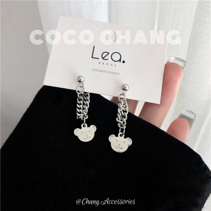 Khuyên tai dài, bông tai xích unisex mặt gấu cá tính phong cách hiphop cocochang shop