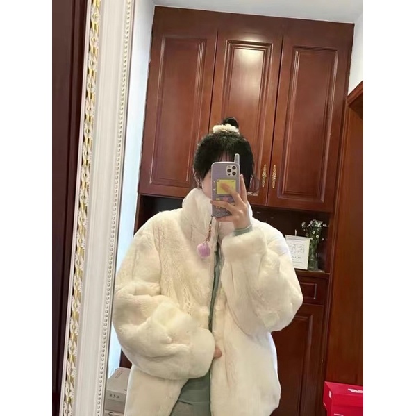 Áo khoác lông thỏ unisex form rộng thụng mềm mịn 2 lớp dày dặn ấm áp màu trắng trơn phong cách Hàn Quốc