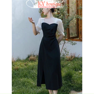 Váy đen dự tiệc đầm đen dạo phố cổ phối trắng nhún eo dáng dài xẻ tà sang trọng K N Boutique