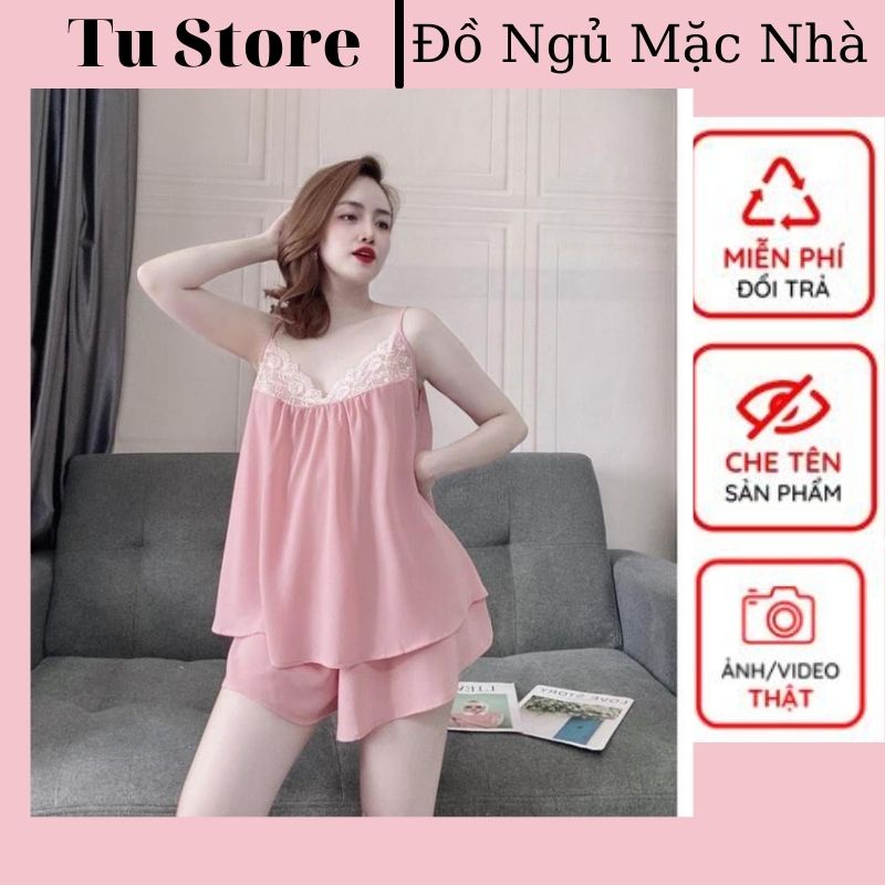 Đồ Ngủ Bigsize Sexy,Đồ Mặc Nhà 2 Dây Phối Ren Ngực Rút Dây Sau, Quần Đùi Giả Váy Rộng Phong Cách Bánh Bèo Gợi Cảm.