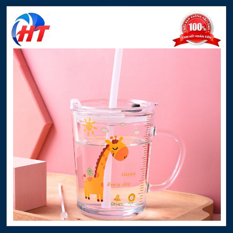 Cốc thủy tinh/ cốc tập uống sữa cho bé cao cấp, kèm 2 ống hút và cọ rửa