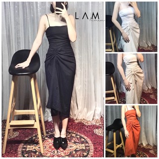 Đầm 2 dây ôm sát, rút nhún bên hông  vải linen