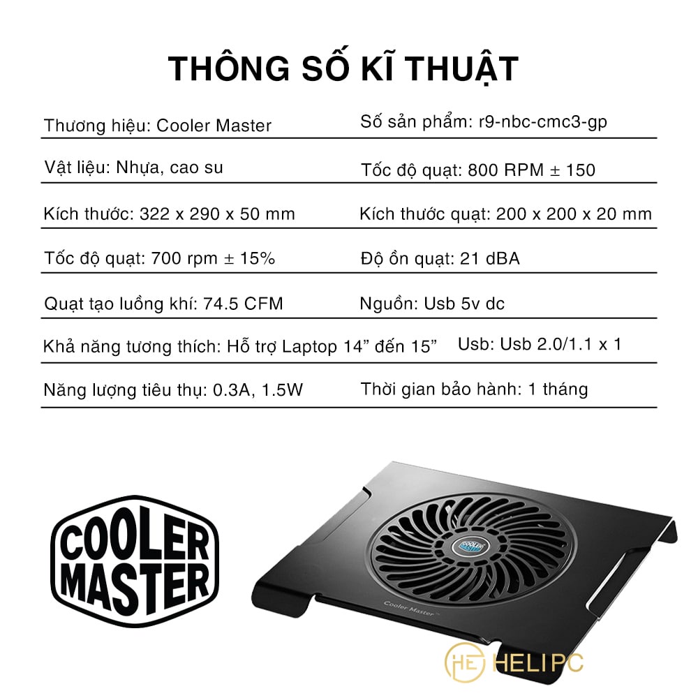 Đế tản nhiệt laptop, máy tính bảng chính hãng Cooler Master CMC3