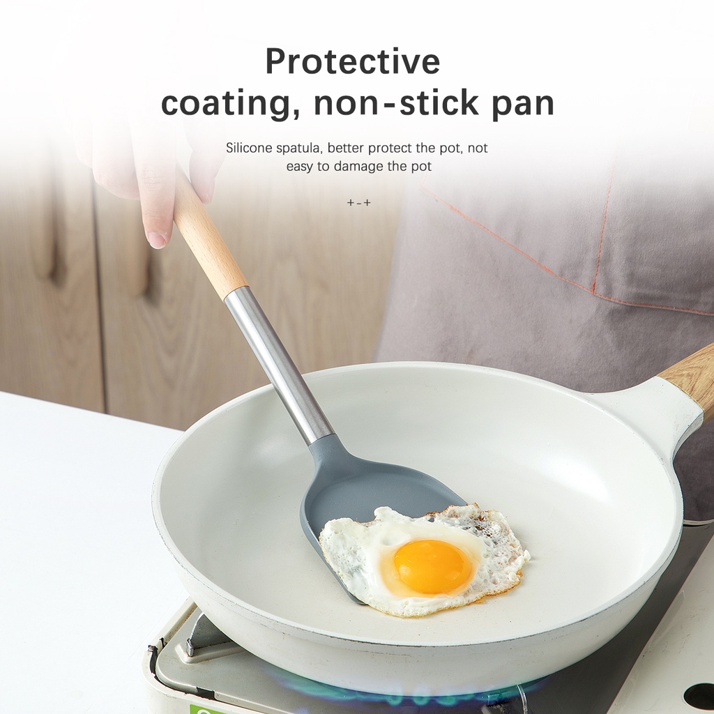 JUJIAJIA nấu ăn bằng silicon tay cầm gỗ dài chống dính tiện dụng nhà bếp