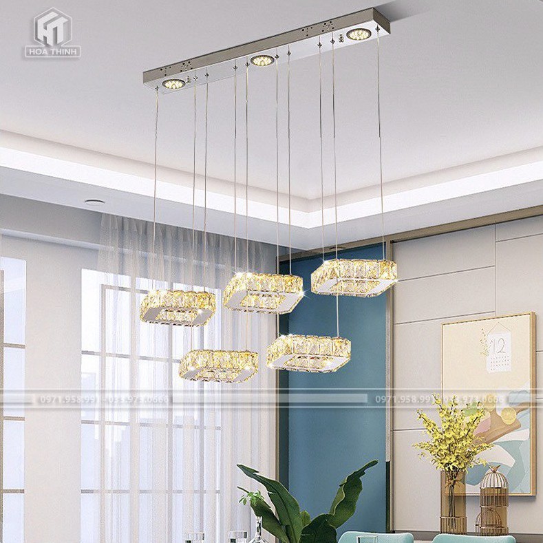 (Bảo hành 2 năm) Đèn thả trần pha lê 5 ô vuông cao cấp trang trí bàn ăn , phòng bếp , cửa tiệm, 3 chế độ ánh sáng