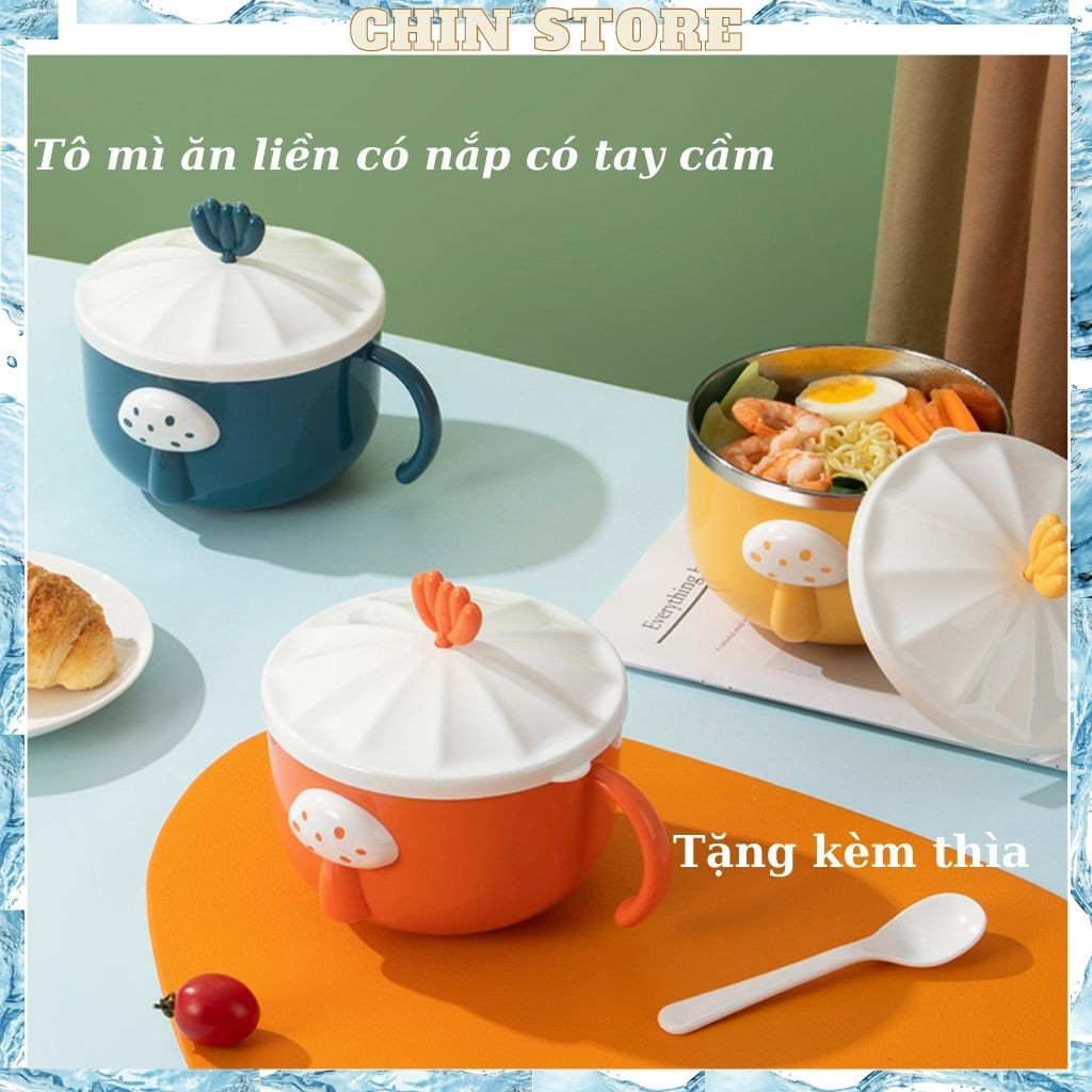 Tô ăn mì Bento inox 304 hai lớp chống nóng, cách nhiệt cao cấp có nắp và tay cầm hình nấm dễ thương 1000ml