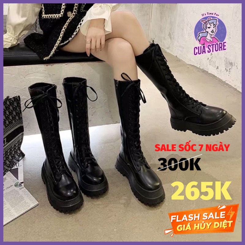 (SẴN 39) Bốt đùi chiến binh 38cm độn đế 6cm da PU có khoá dây dẹt cá tính siêu hot giới trẻ Việt - 2 ảnh thật cuối