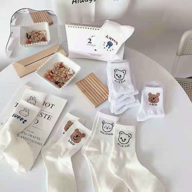 Set 10 đôi tất trắng in hình gấu thỏ cute