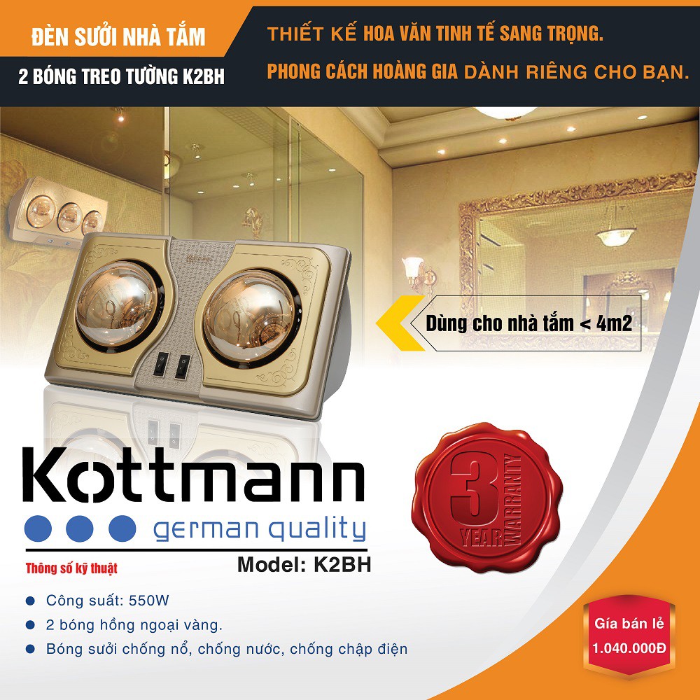 Đèn sưởi 2 bóng treo tường Kottmann– K2BH