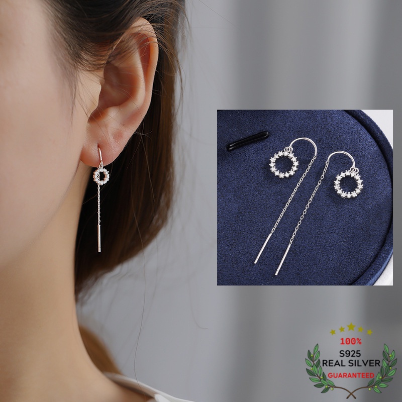 Bông Tai Bạc S925 Geometric Magic Round Đính Đá CZ Sợi Thả Không Chốt Xinh Xắn | Khuyên Tai Nữ Trang Sức Bạc Thời Trang