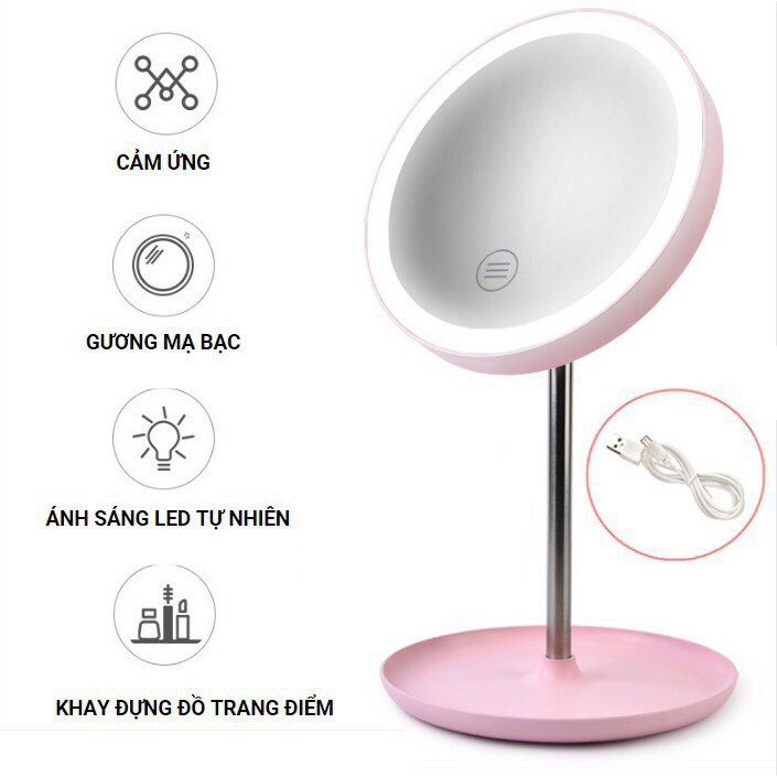 Gương Trang Điểm Tròn Có Đèn Led Cảm Ứng 3 Chế Độ Ánh Sáng