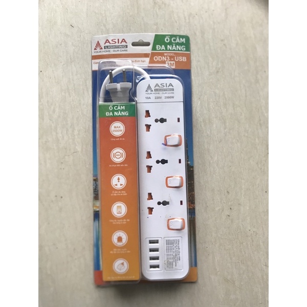 Ổ cắm cao cấp Asia tích hợp 4 ổ USB sạc điện thoại, chịu tải 2500W, có át chống cháy chập