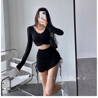 Set Body Áo Dài Tay + Chân Váy Rút Dây Có Quần Trong