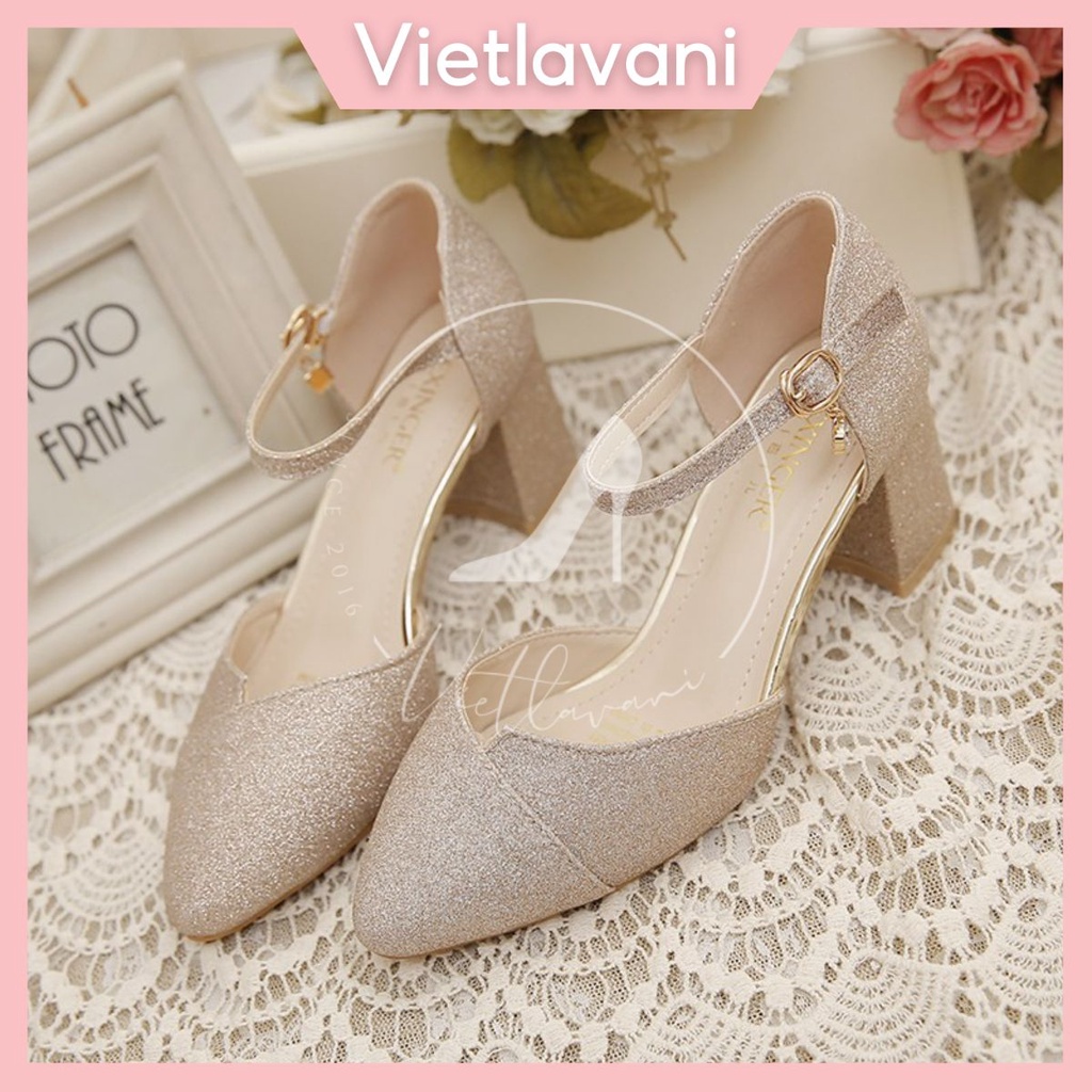 Giày gót vuông 5 phân nhũ kim tuyến siêu êm thích hợp đi tiệc BBC24