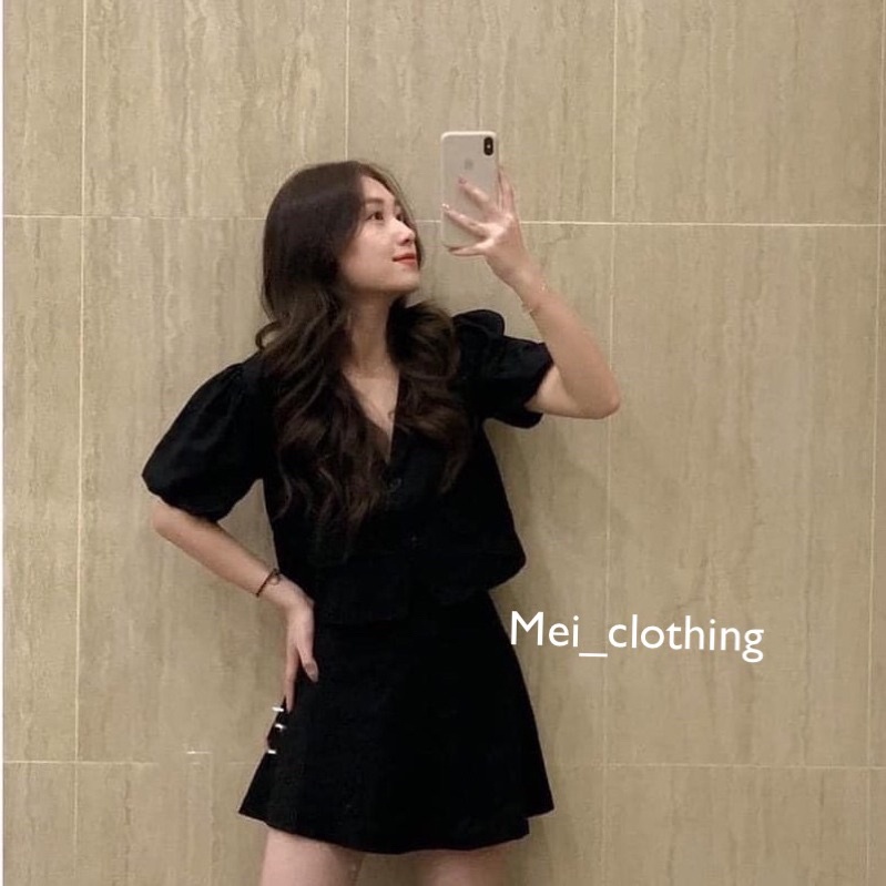 [Hàng QC/sẵn] Set váy công sở thiết kế thanh lịch/ Áo croptop tay bồng kèm chân váy