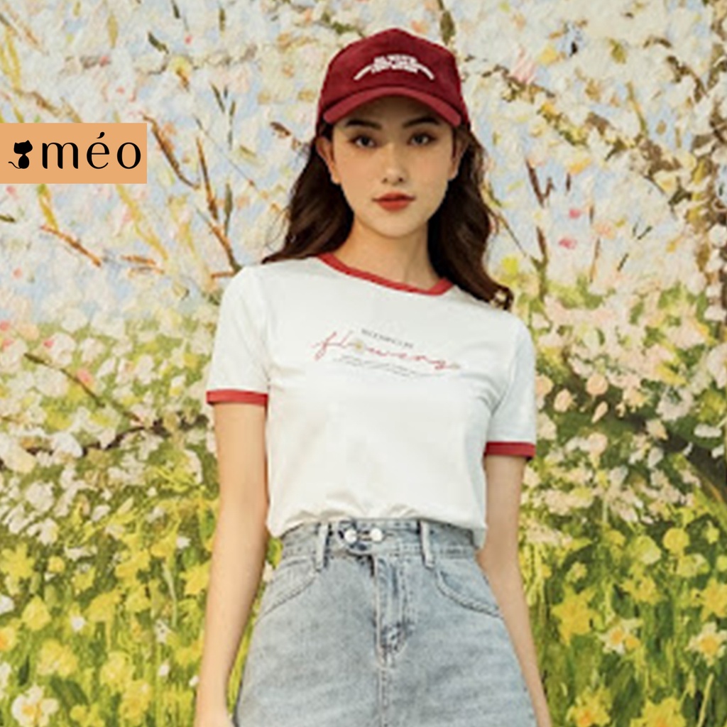 Áo thun tay lỡ Méo shop phông nữ cổ tròn cotton in chữ Blooming forrm vừa