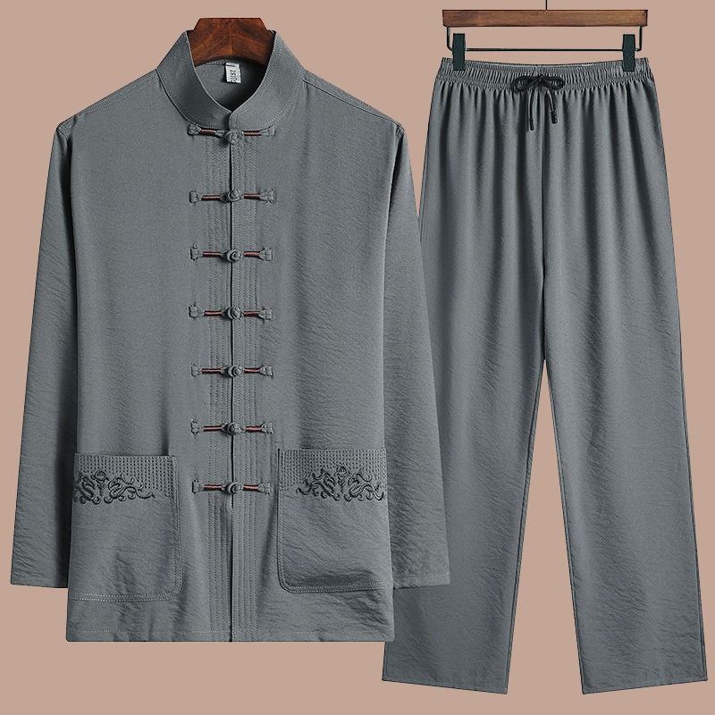 áo thun tay☁Người trung niên và cao tuổi Bộ đồ nam dài tay giản dị kiểu Quốc giới Hanfu cha ông nội quần áo mùa h