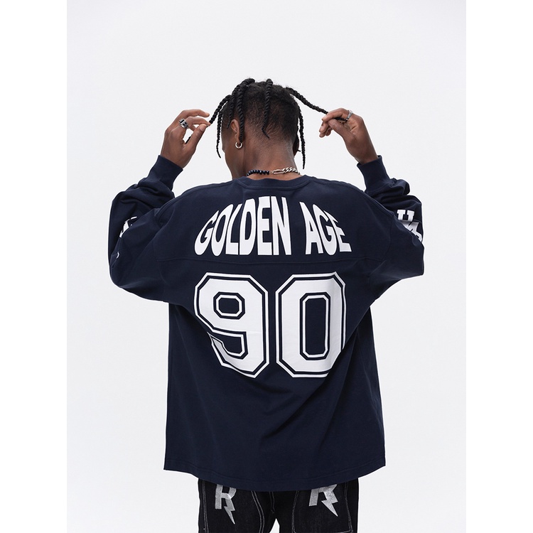 Áo Thun Tay Dài Chui Đầu Dáng Rộng In Số 90 Thời Trang Mùa Xuân Phong Cách Retro Mỹ