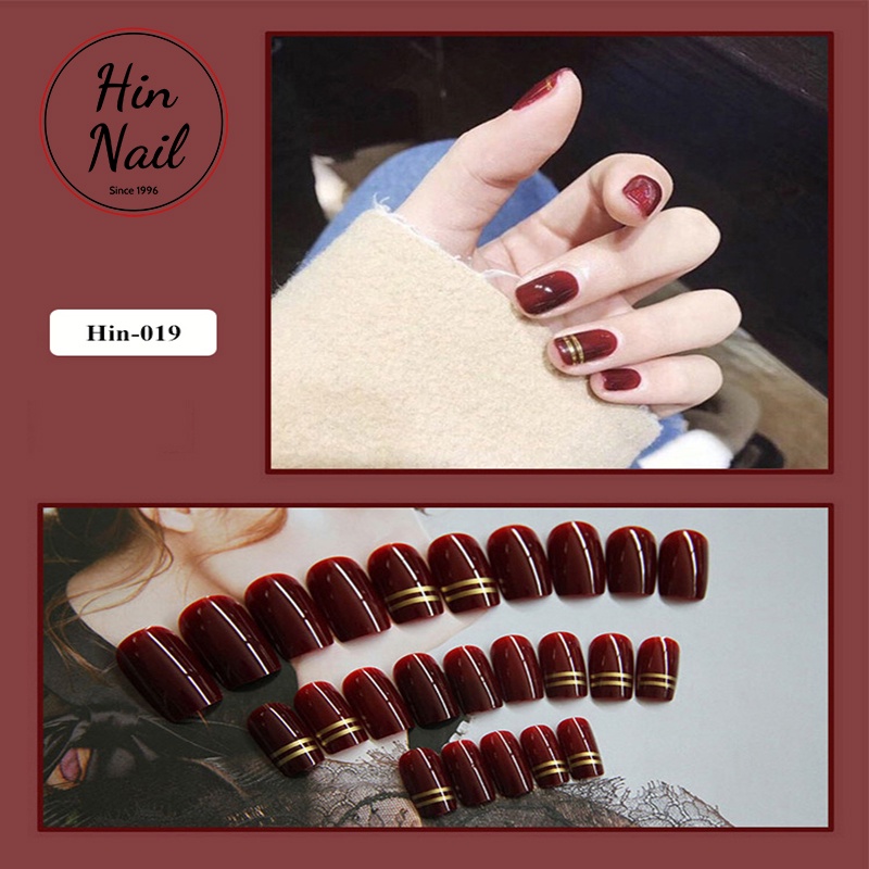 Set 24 móng tay giả dài Hin Nail màu đỏ mận sành đi