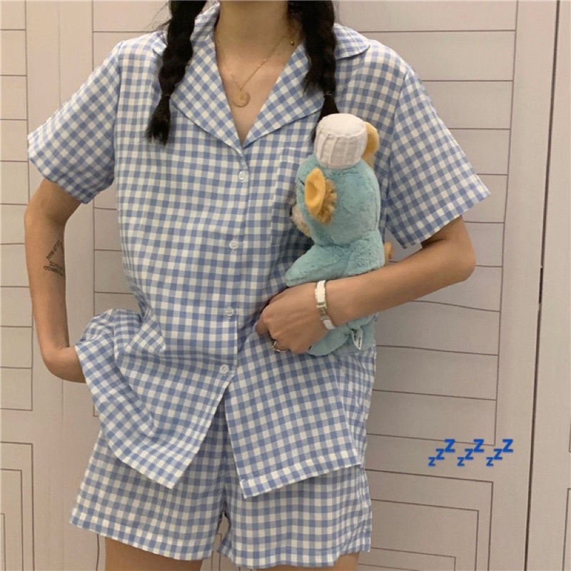Bộ ngủ/ mặc nhà pijama ngắn ulzzang hoạ tiết kẻ caro | BigBuy360 - bigbuy360.vn