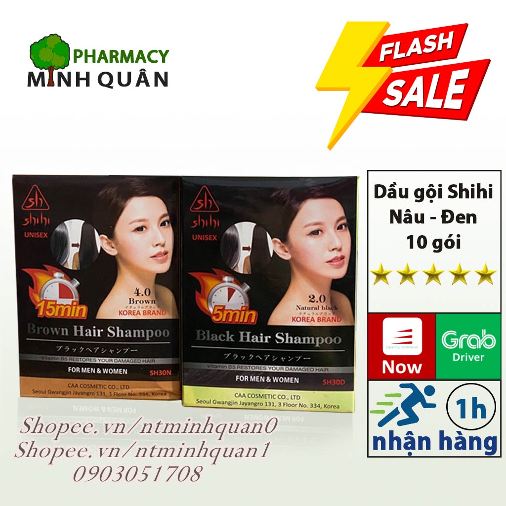 Dầu gội Shihi thảo dược đều màu tự nhiên nhuộm tóc đen nâu sin hair phủ bạc nhân sâm 10 gói Đen Nâu