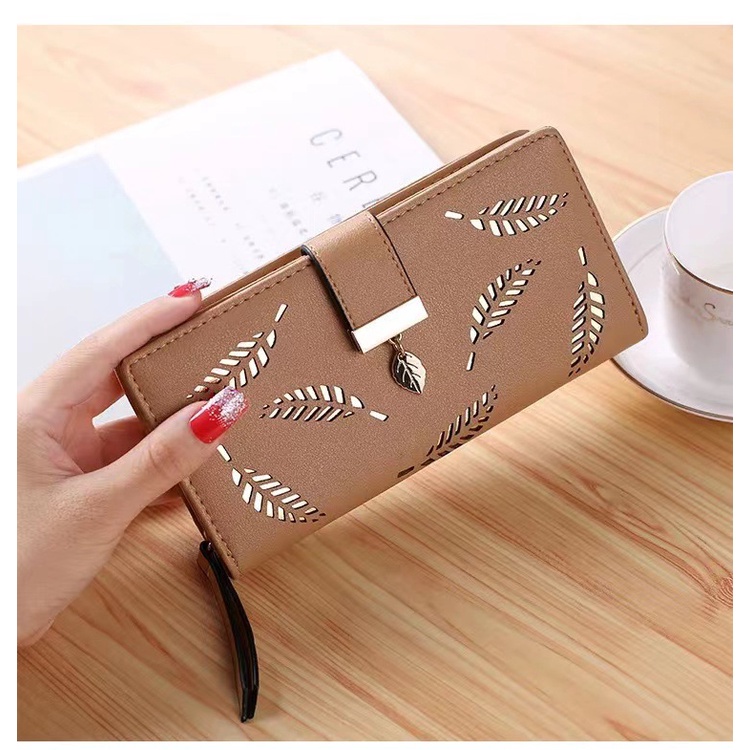 Ví Dài Cầm Tay Bằng Da PU Họa Tiết Chiếc Lá Khoét Lỗ Thời Trang Cho Nữ