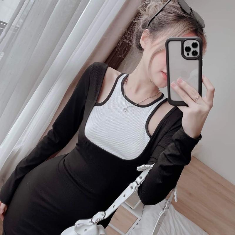 [FREESHIP] Đầm body nữ form ngắn cổ yếm layer phối viền hở vai tay dài hai màu siêu hot siêu xinh