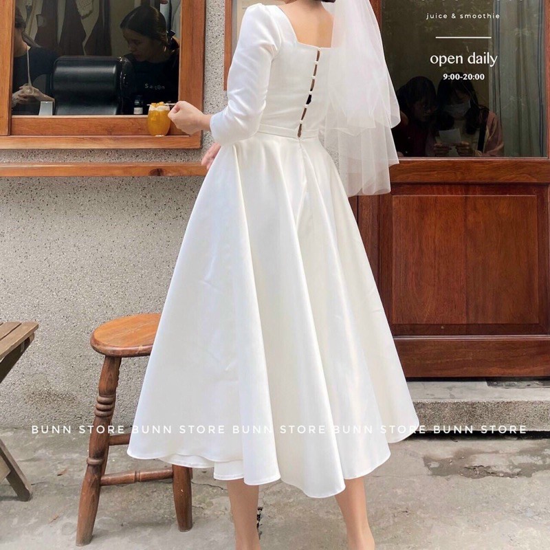 Đầm midi trắng cổ vuông tay dài lưng cài nút ngọc chụp ảnh cưới hoặc dự tiệc