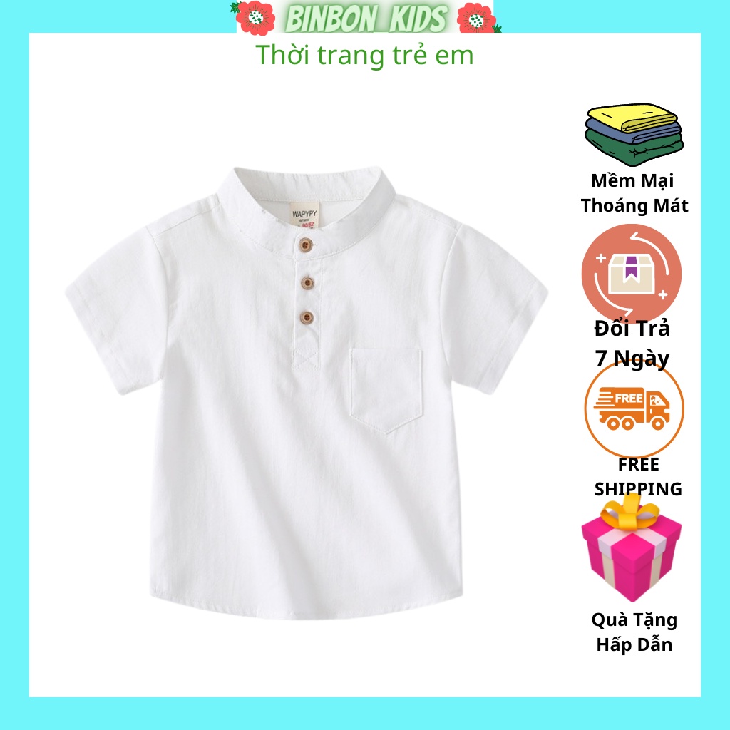 Áo sơ mi bé trai BINBON KIDS, Áo cộc tay bé trai chất đũi xước cao cấp cổ trụ 1 túi cực mát cho bé từ 8-28kg ASM45