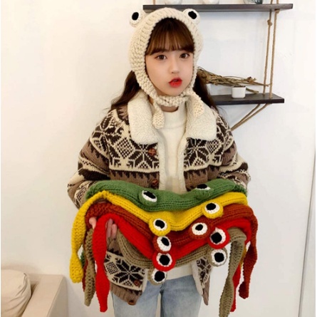 Mũ beanie dệt kim hình ếch mắt to hoạt hình giữ ấm mùa đông cho nữ