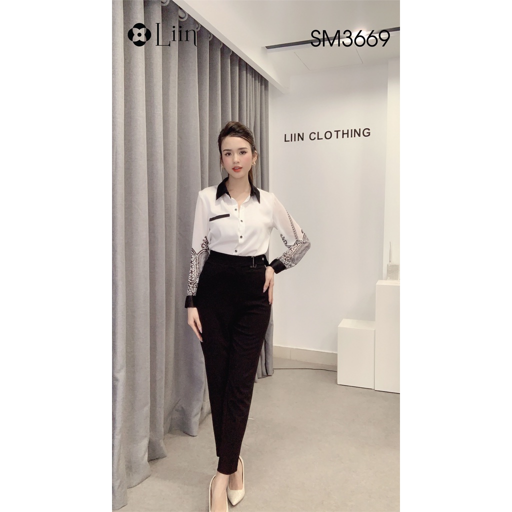 Áo sơ mi nữ màu Trắng thiết kế dài Tay Họa Tiết form công sở thanh lịch Liin Clothing SM3669