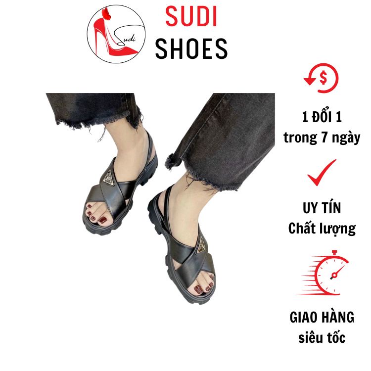 Sandal đen trắng  SUDI - TA002 BCFđế dày quai chéo X bản to đi bền êm chân tăng chiều cao