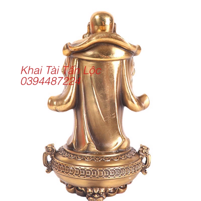 TƯỢNG PHẬT DI LẶC CẦM CHỮ PHÚC ĐỨNG TRÊN CHẬU TỤ BẢO BẰNG ĐỒNG 20cm