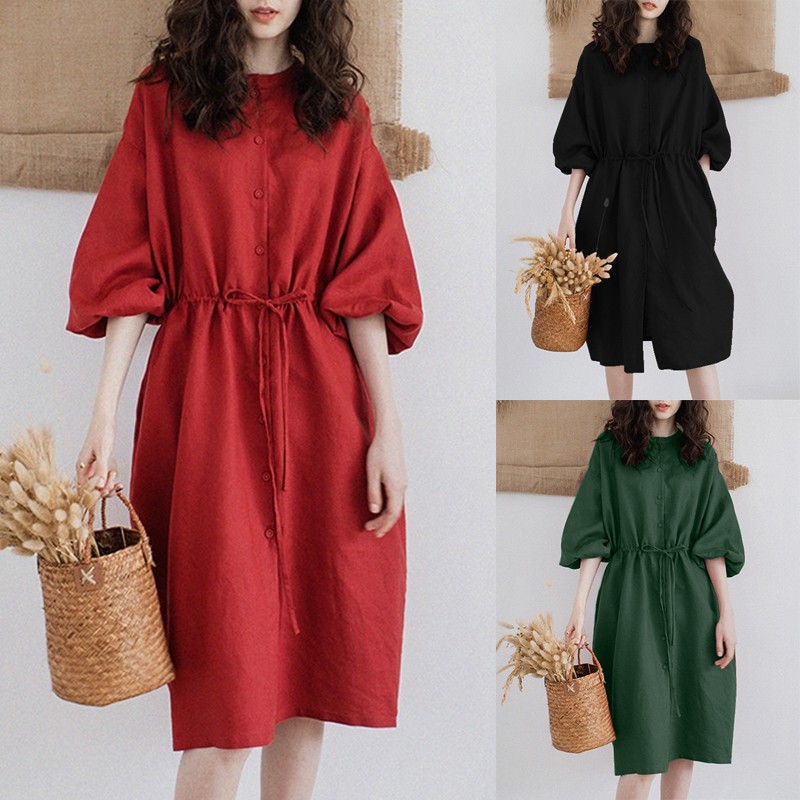 ZANZEA Đầm Nữ Tay Lỡ Cổ Tròn Eo Thắt Thời Trang Hàn | BigBuy360 - bigbuy360.vn