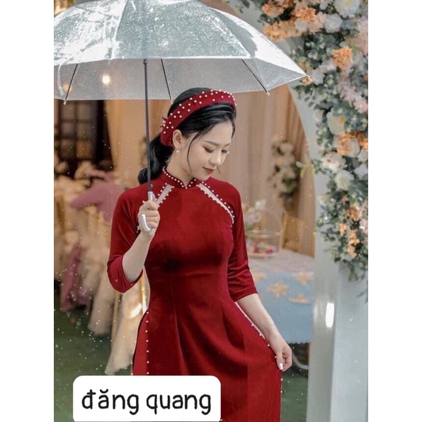 Áo Dài Nhung Xẻ Đính Ngọc Cao Cấp May Sẵn Tà Dài Form Truyền Thống