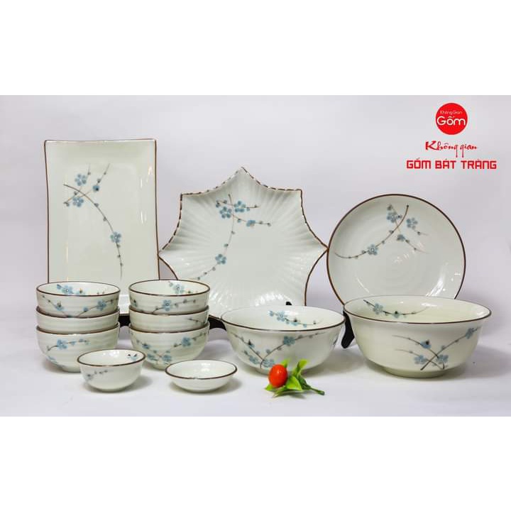 Bộ bát đĩa gốm sứ Bát Tràng họa tiết đào xanh - bộ bàn ăn từ 4-10 người đầy đủ sản phẩm chuẩn đẹp - Xưởng Gốm Việt