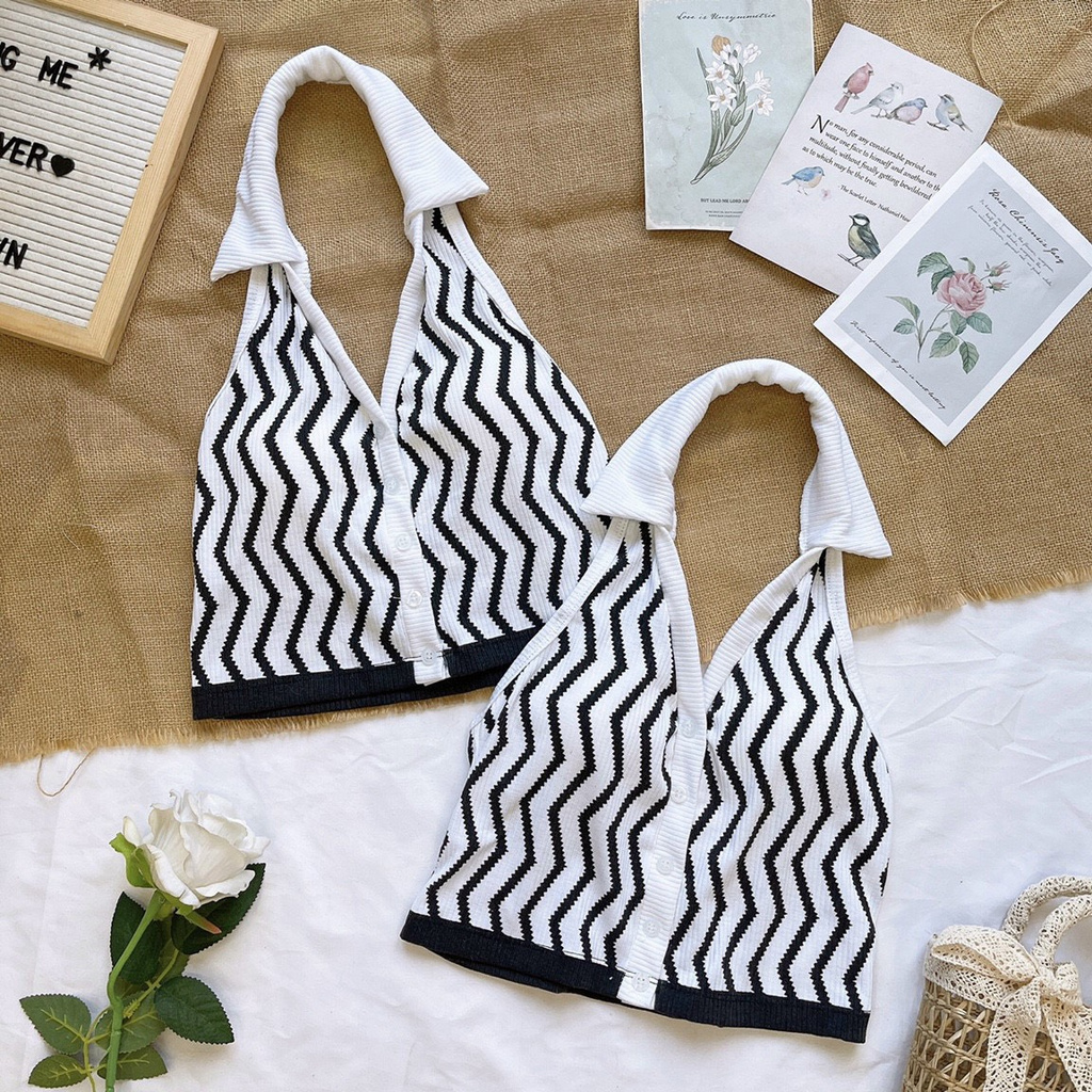chất len gân-áo kiểu cổ bẻ yếm cài nút họa tiết zic