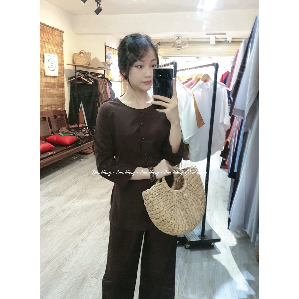 ️ BỘ đồ đi lễ   # áo bà ba nâu # set trang phục truyền thống # áo lam đi chùa đi chơi -  PHÁP PHỤC SEN HỒNG B15 Nâu