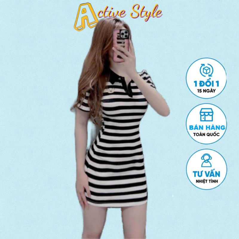 🅰️ Đầm polo nữ sọc đen trắng thêu gấu, chất thun gân, Size: <52kg