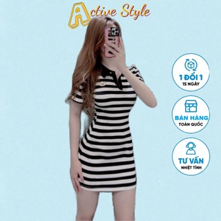 🅰️ Đầm polo nữ sọc đen trắng thêu gấu, chất thun gân, Size: <52kg