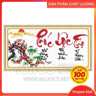 Tranh thêu Phúc Lộc Thọ ( cành đào đỏ ) 51357 kích thước 95*50cm [Hàng có sẵn]