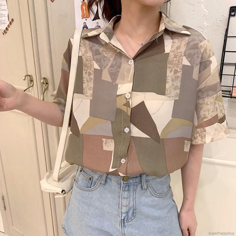 Women's Retro Shirts Printed Short Sleeve Loose Casual Shirts Tops