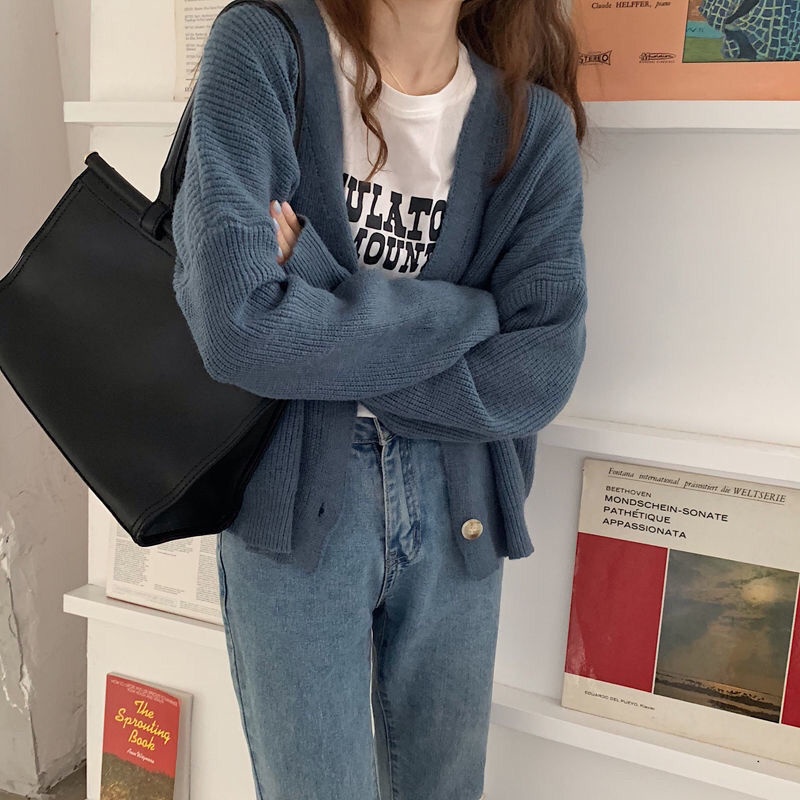 Áo khoác Cardigan dệt kim tay dài cổ chữ V dáng rộng mềm mại phong cách Hàn Quốc thời trang thu đông cho nữ