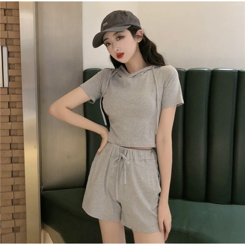 SET ÁO CROPTOP PHỐI MŨ + QUẦN SHORT XÁM ĐEN TÍM UNISEX - SET BỘ THỂ THAO TÍM BASIC