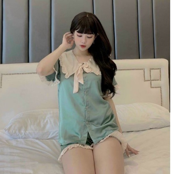 Bộ Pijama Tiểu Thư FREESHIPBộ Đồ Ngủ Trơn Phối Cổ Bèo Dễ Thương