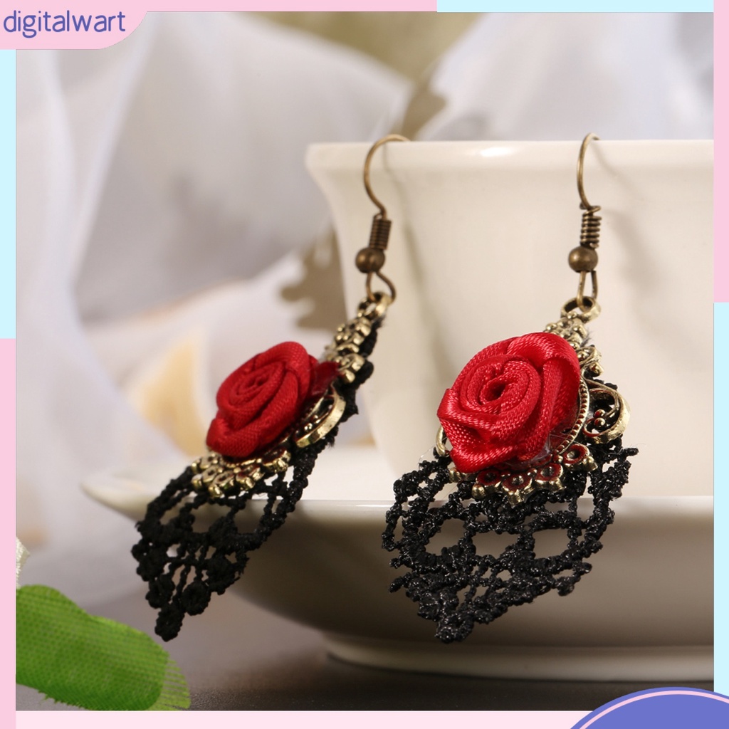 Cặp khuyên tai dáng dài phối ren đính hoa hồng sang trọng thanh lịch dành cho nữ