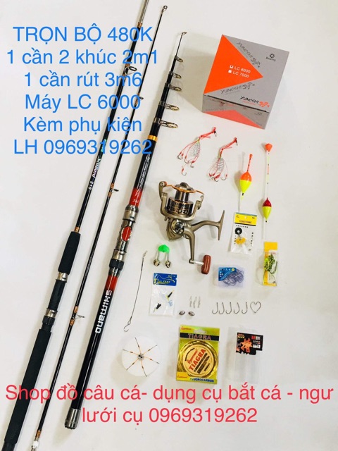 Bộ cần câu lure, câu lóc. Câu sông câu suối. Bộ cần 2 khúc 2m1 và cần shimano 3m6 cùng máy yomoshi LC6000 và phụ kiện.