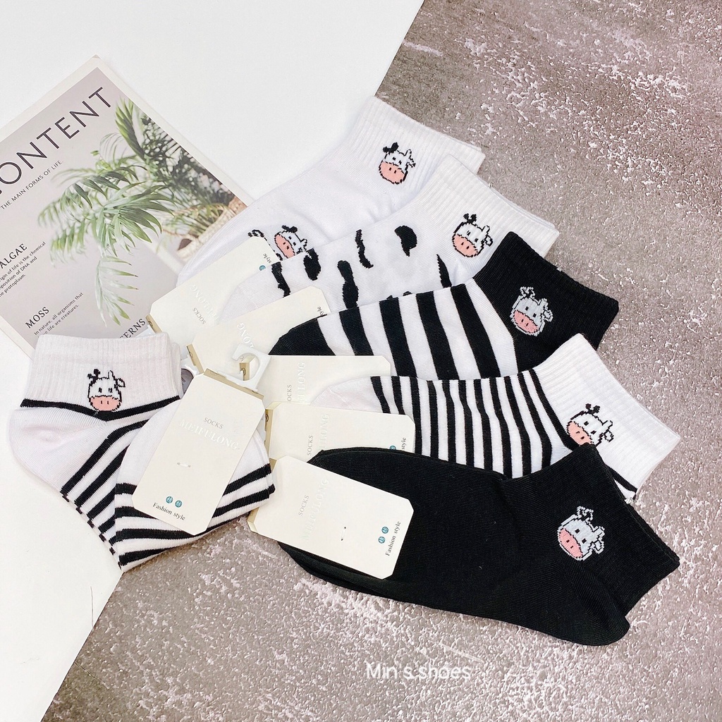 Min's Shoes - Set 10 Đôi Tất Cổ Thấp, Vớ Cổ Thấp Nữ Họa Tiết Dễ Thương Vải Co Giãn Thời Trang Hàn Quốc